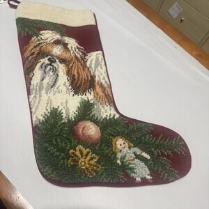 Vintage Shih Tzu Christmas Needlepoint Stocking Wool Completed Kit Handmade Dog